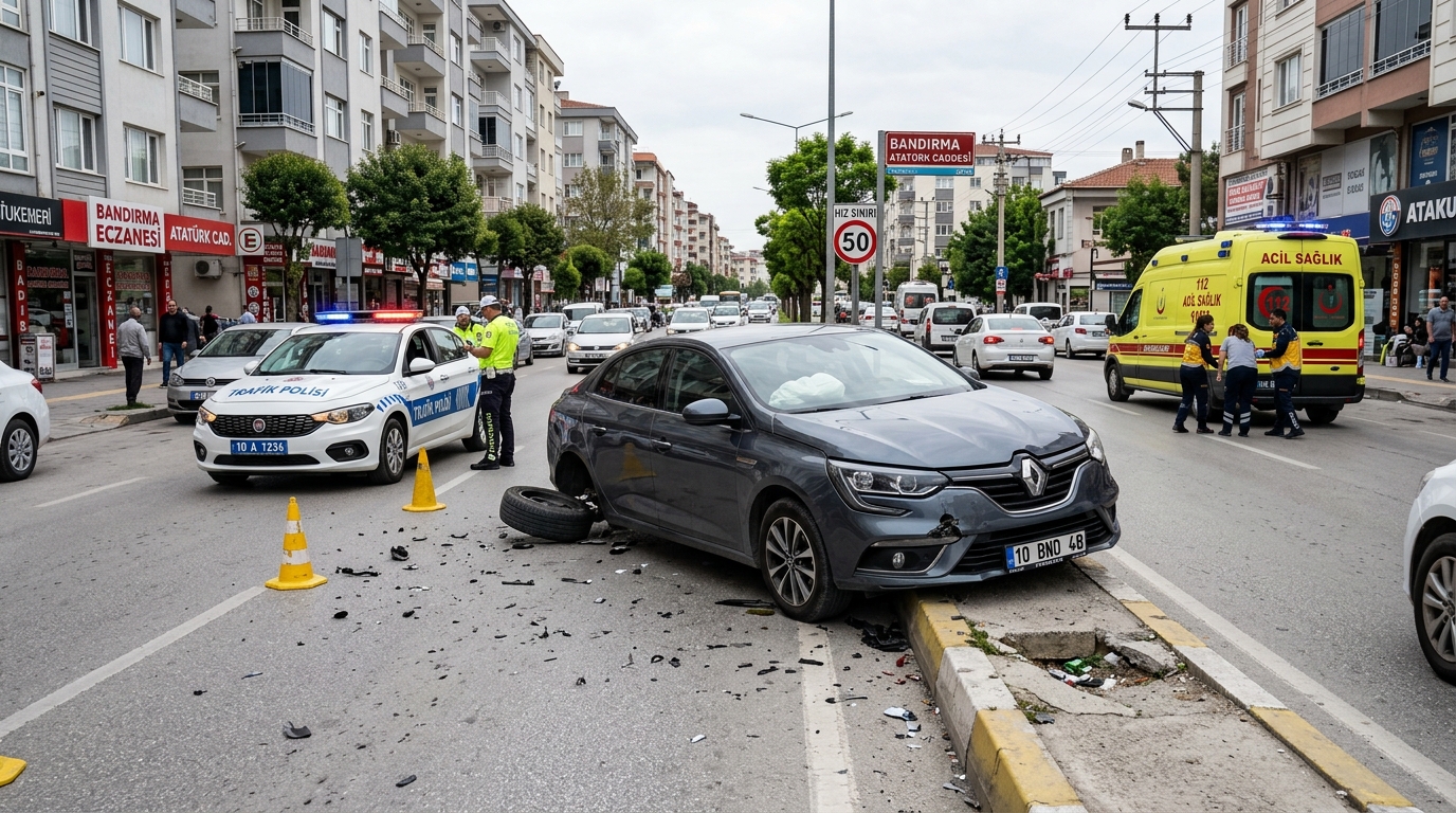 Bandırma’da Korkutan Kaza: Refüje Çarpan Otomobilin Tekerleği Koptu, Karşı Şeride Geçti!