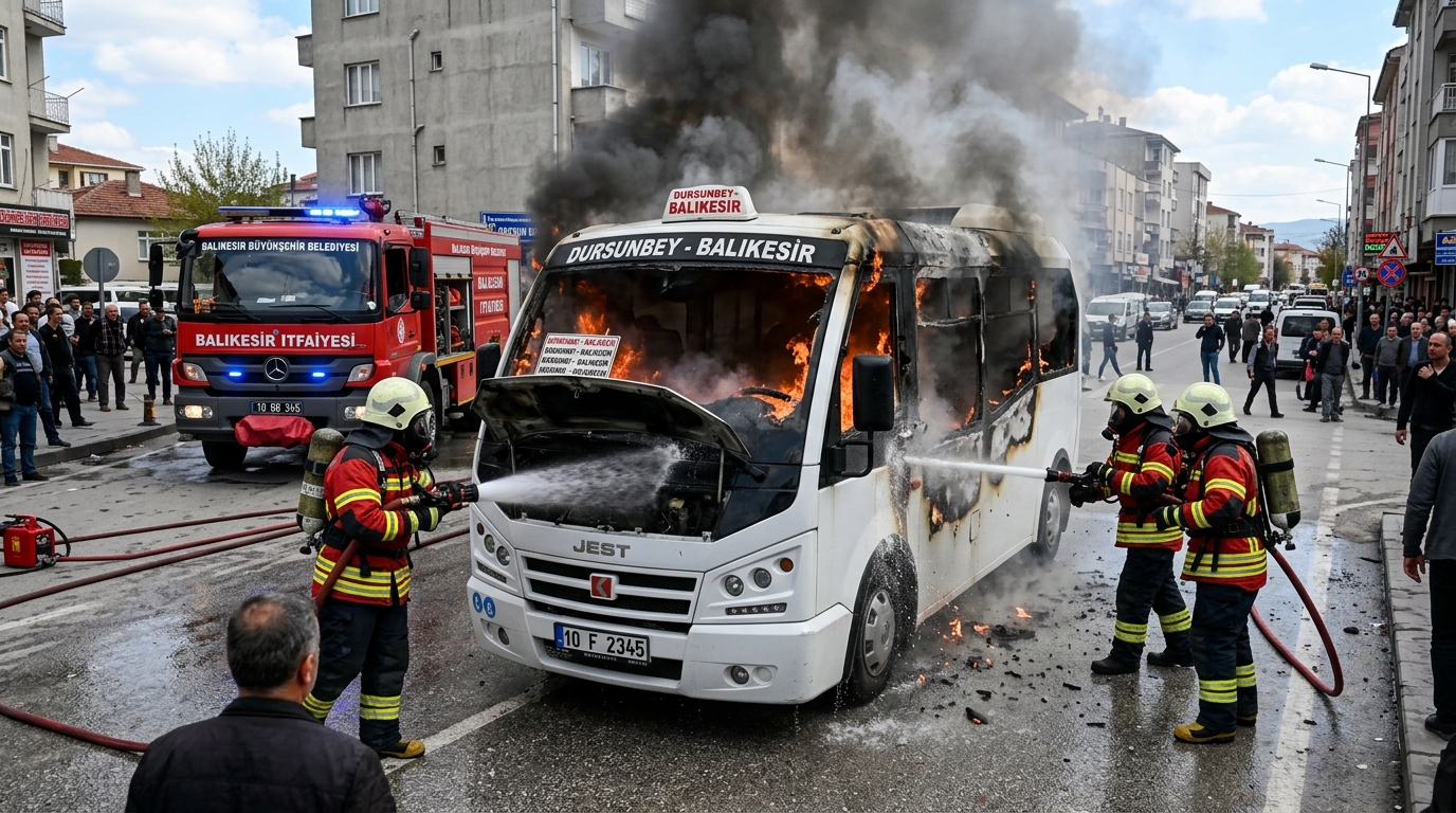 Balıkesir Dursunbey’de Minibüs Yangını Korkuttu: Alev Topuna Dönen Araçtan Sürücü Son Anda Kurtuldu!